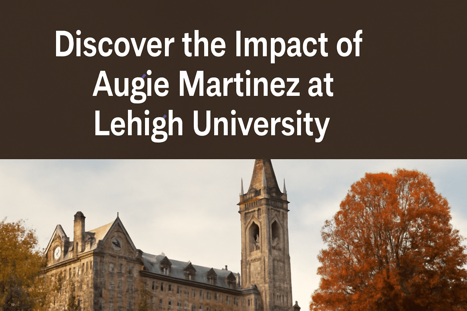 Lehigh University Gothic-style academic building with clock tower surrounded by autumn foliage, with the title 'Discover the Impact of Augie Martinez at Lehigh University' displayed.
