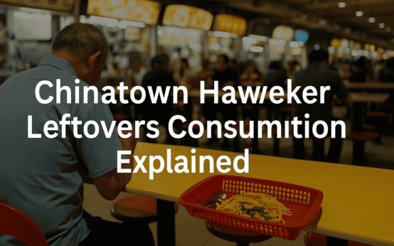 Chinatown hawker leftovers consumption at a local food stall in an open-air market