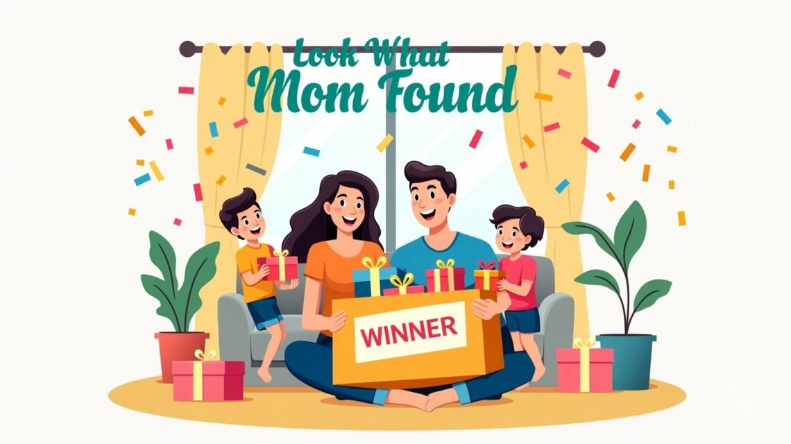 Colorful illustration featuring gifts, a happy family, and text promoting Look What Mom Found Giveaways.