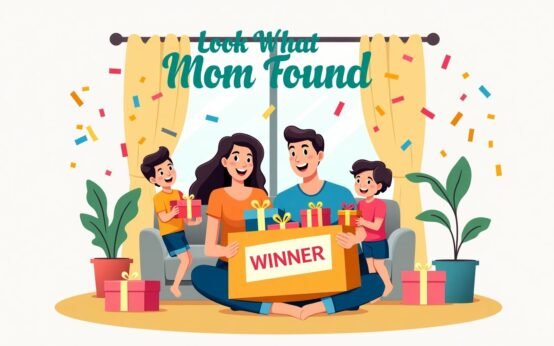 Colorful illustration featuring gifts, a happy family, and text promoting Look What Mom Found Giveaways.