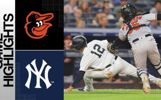 Yankees vs Orioles game highlights with action shot of player sliding into base during April 28, 2025 matchup.