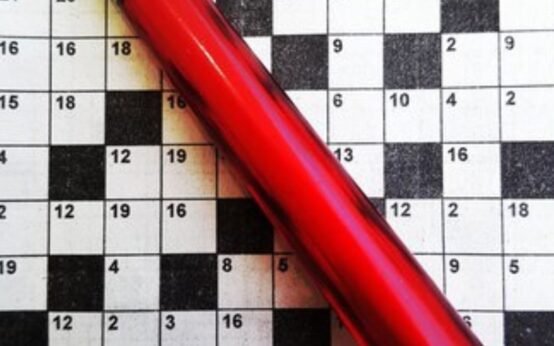 Red pencil on a NYT crossword puzzle grid with numbered clues, focusing on the 'Vault Opener NYT Crossword.
