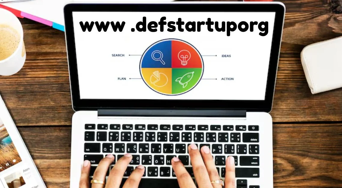 www .defstartuporg: logo displayed on a laptop with a visual of the search, plan, ideas, and action process for defense startups.