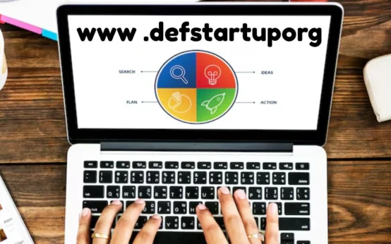 www .defstartuporg: logo displayed on a laptop with a visual of the search, plan, ideas, and action process for defense startups.