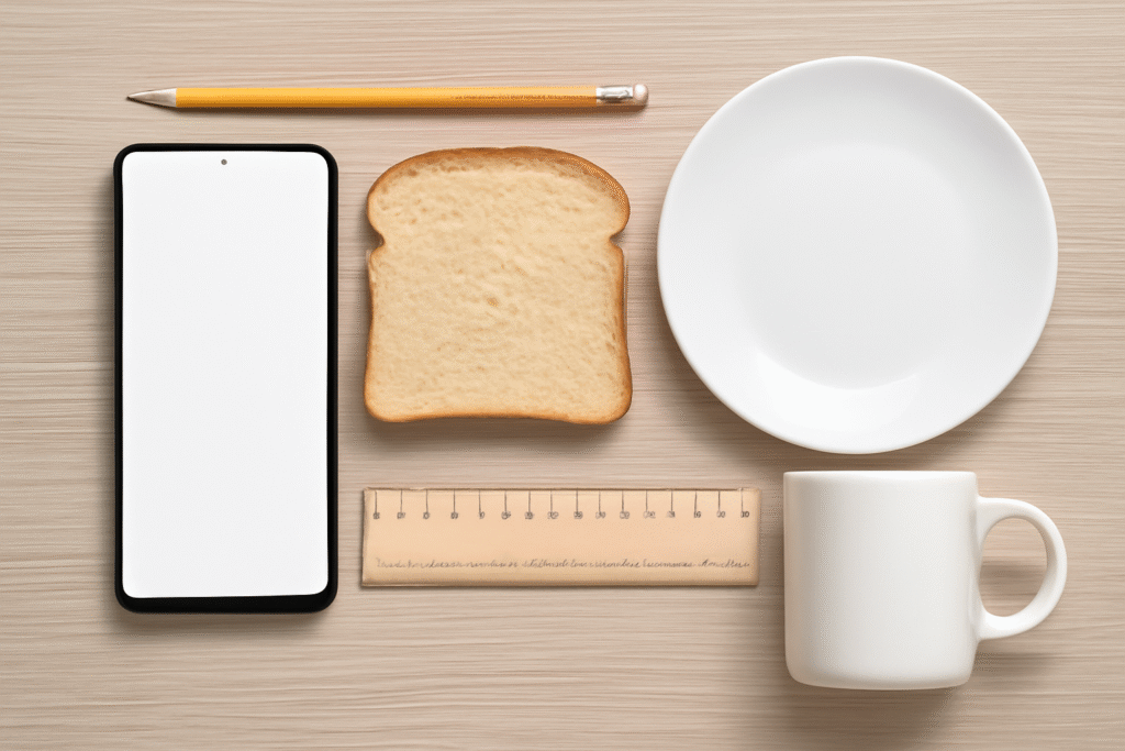 An overhead shot displaying a yellow pencil, smartphone, slice of bread, 7-inch ruler, dinner plate, and coffee mug, showcasing objects that are approximately 7 inches long for size comparison.