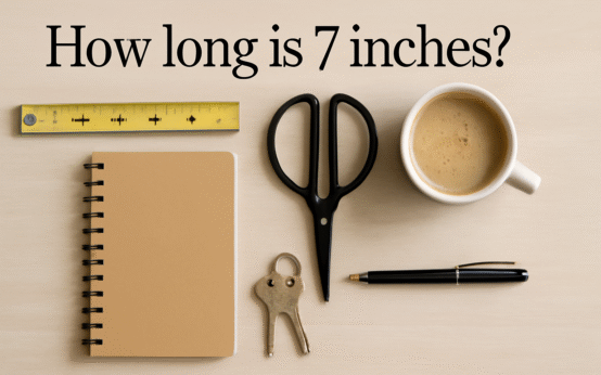 Flat lay photograph of a measuring tape, scissors, notebook, coffee cup, keys, and pen arranged on a wooden surface with the text 'How long is 7 inches?
