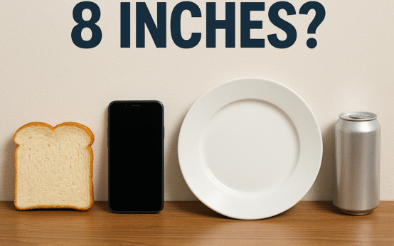 How long is 8 inches? Comparison of everyday objects like bread, smartphone, plate, and soda can arranged on a wooden surface for size reference.