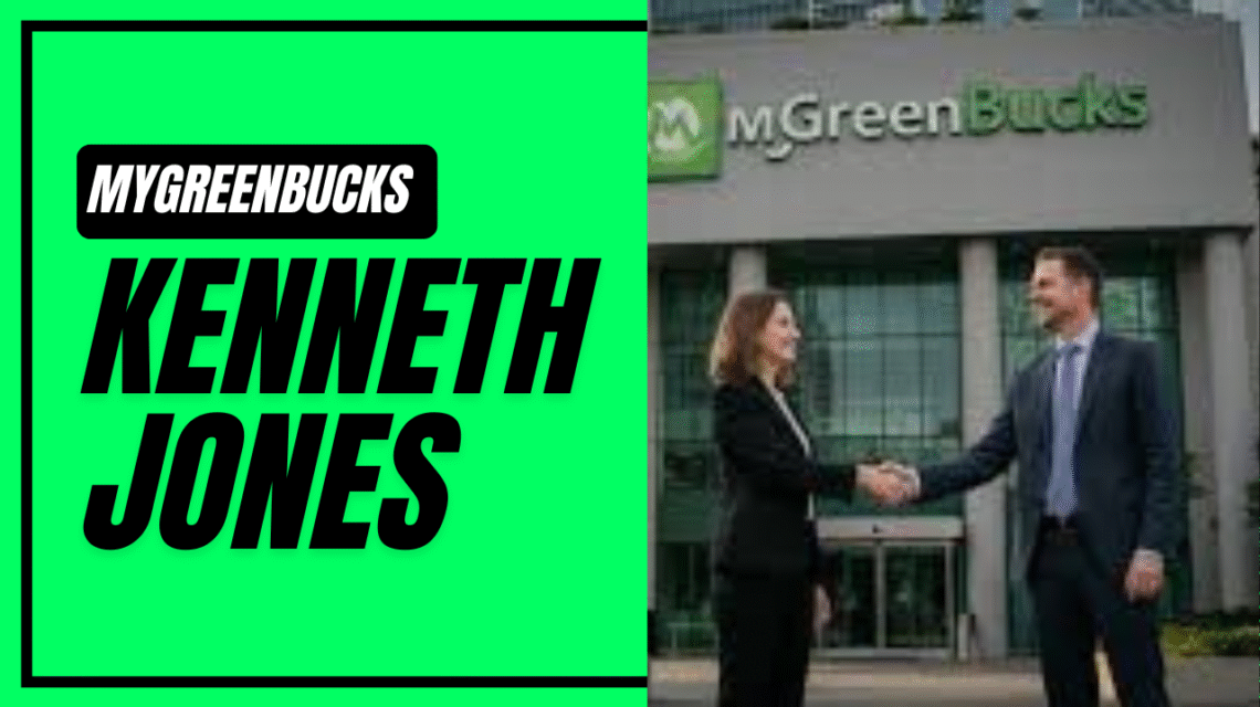 Kenneth Jones shaking hands with a businesswoman in front of the MyGreenBucks headquarters