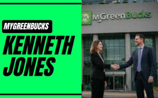 Kenneth Jones shaking hands with a businesswoman in front of the MyGreenBucks headquarters