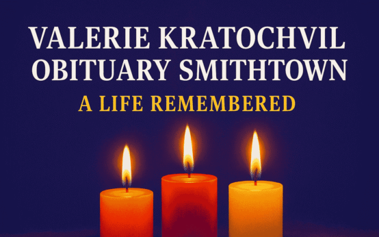 Tribute image for Valerie Kratochvil Obituary Smithtown featuring three glowing memorial candles on a purple-blue background with bold remembrance text.